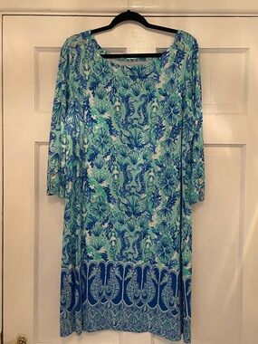 Lilly Pulitzer Blue and Green Seahorse Print Long Sleeve Dress